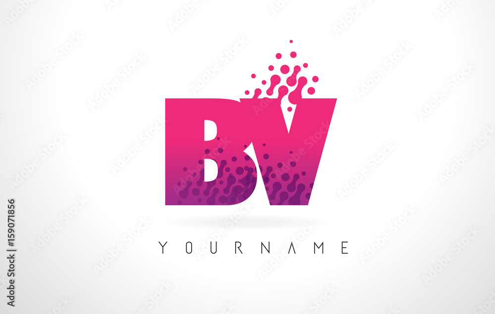 BV B V Letter Logo with Pink Purple Color and Particles Dots Design. BV B V Letter Logo with Pink Purple Color and Particles Dots Design.