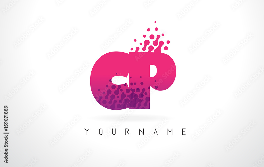 CP C P Letter Logo with Pink Purple Color and Particles Dots Design. CP C P Letter Logo with Pink Purple Color and Particles Dots Design.