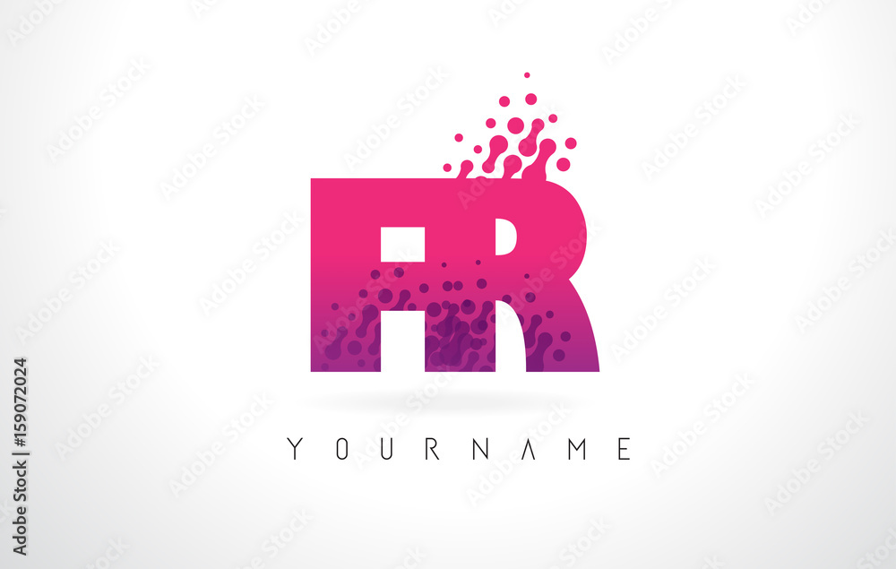 FR F R Letter Logo with Pink Purple Color and Particles Dots Design.