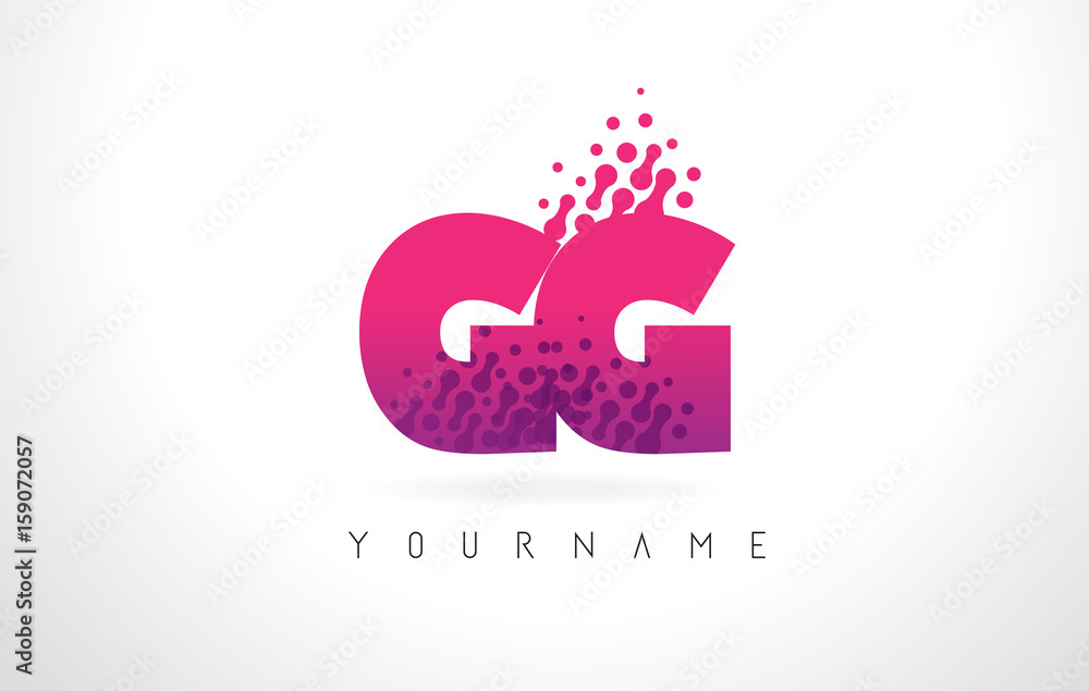 GG G G Letter Logo with Pink Purple Color and Particles Dots Design. GG G G Letter Logo with Pink Purple Color and Particles Dots Design.