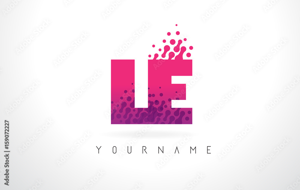 LE L E Letter Logo with Pink Purple Color and Particles Dots Design. LE L E Letter Logo with Pink Purple Color and Particles Dots Design.