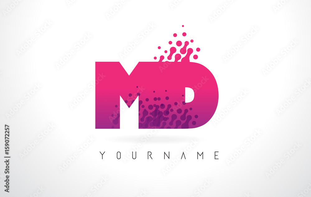 Naklejka premium MD M D Letter Logo with Pink Purple Color and Particles Dots Design.