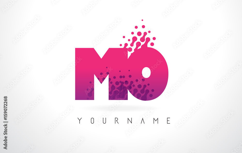 Obraz premium MO M O Letter Logo with Pink Purple Color and Particles Dots Design.