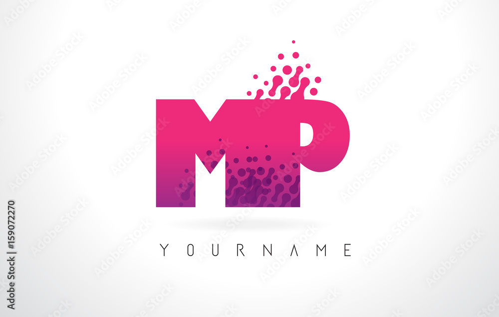 MP M P Letter Logo with Pink Purple Color and Particles Dots Design.