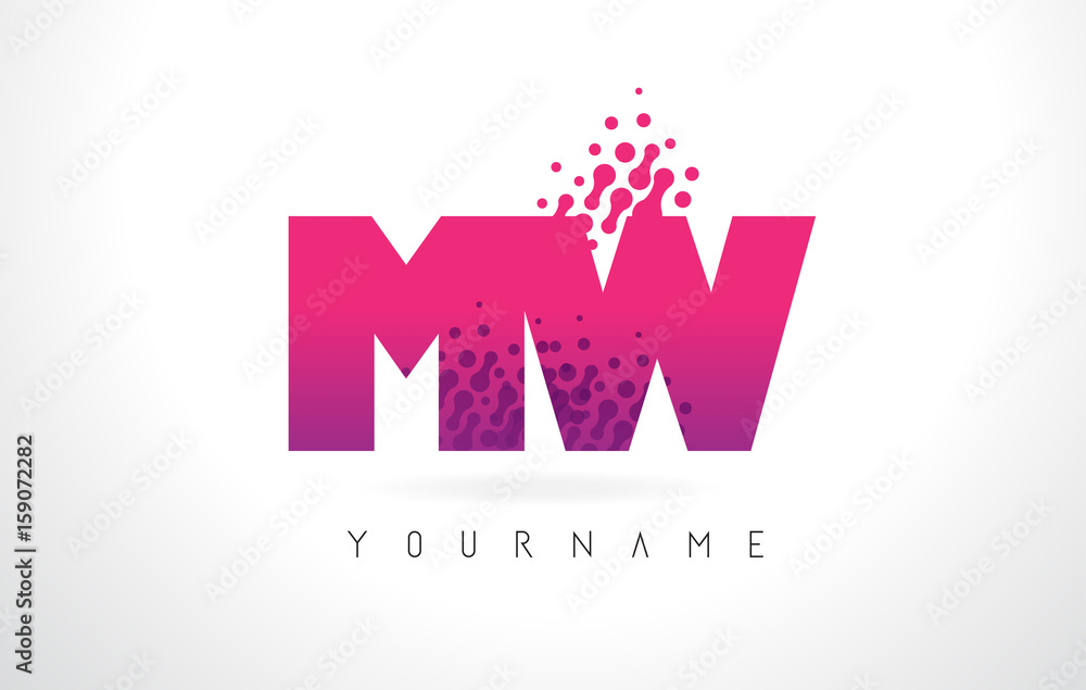MW M W Letter Logo with Pink Purple Color and Particles Dots Design.