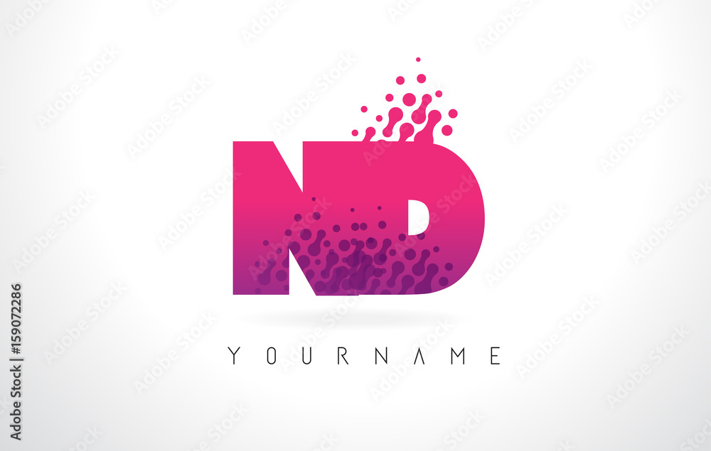 ND N D Letter Logo with Pink Purple Color and Particles Dots Design. ND N D Letter Logo with Pink Purple Color and Particles Dots Design.