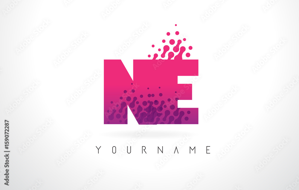 NE N E Letter Logo with Pink Purple Color and Particles Dots Design. NE N E Letter Logo with Pink Purple Color and Particles Dots Design.