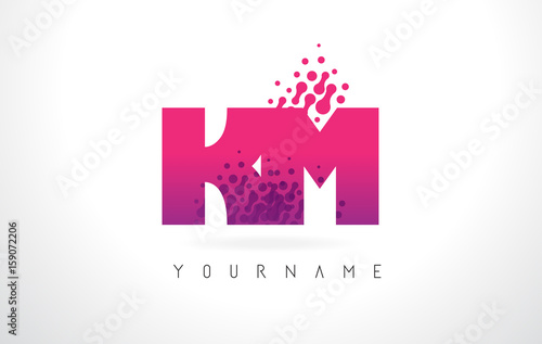 KM K M Letter Logo with Pink Purple Color and Particles Dots Design.