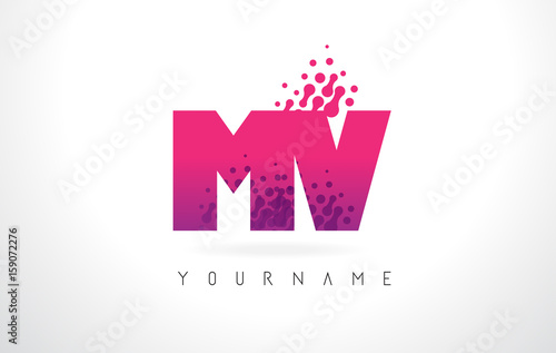 MV M V Letter Logo with Pink Purple Color and Particles Dots Design.