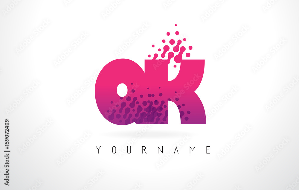 QK Q K Letter Logo with Pink Purple Color and Particles Dots Design. QK Q K Letter Logo with Pink Purple Color and Particles Dots Design.