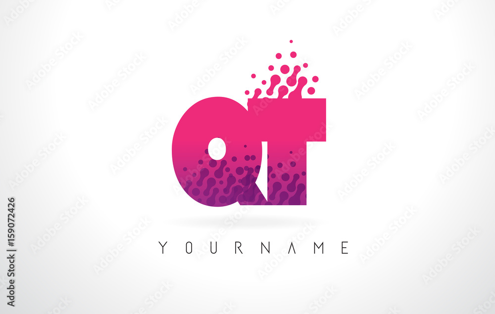 Obraz premium QT Q T Letter Logo with Pink Purple Color and Particles Dots Design.