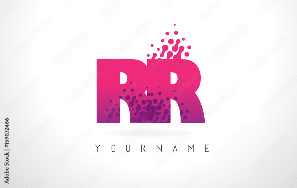 RR R Letter Logo with Pink Purple Color and Particles Dots Design.