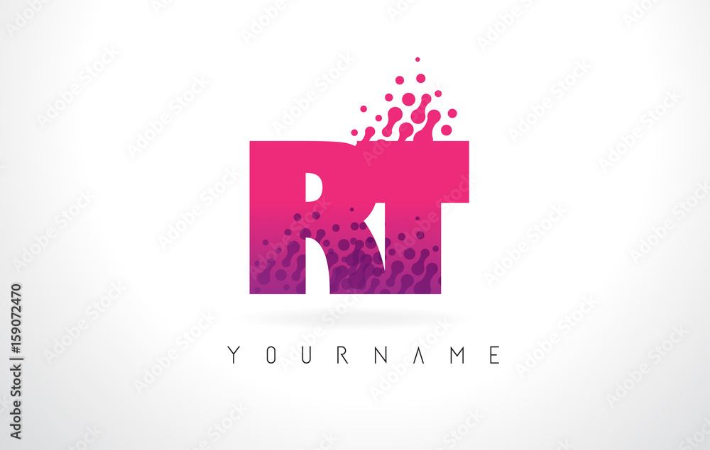 RT R T Letter Logo with Pink Purple Color and Particles Dots Design.