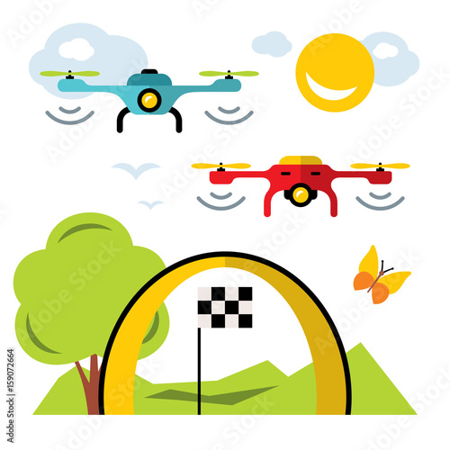 Vector Quadrocopter racing competition new sport. Flat style colorful Cartoon illustration.