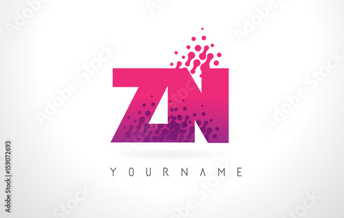 ZN Z N Letter Logo with Pink Purple Color and Particles Dots Design.