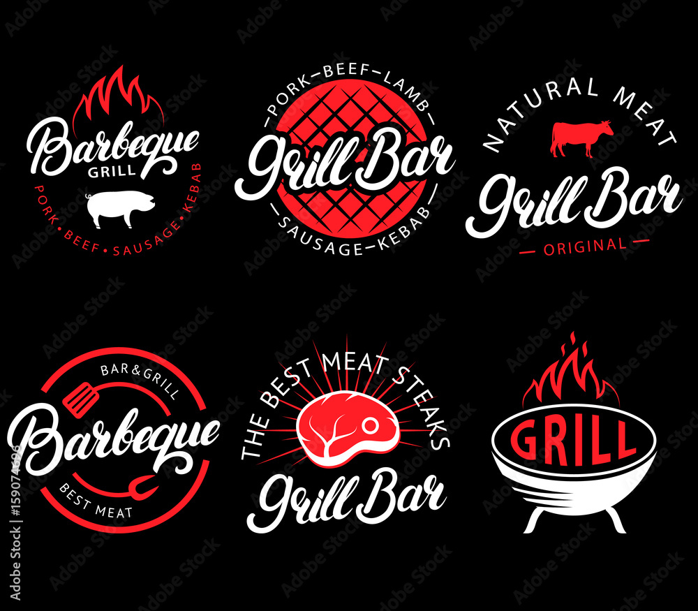 Vector set of grill bar and bbq labels in retro style. Vintage grill restaurant emblems, logo, stickers and design elements. Collection of barbecue signs, symbols and icons. Black and red color style