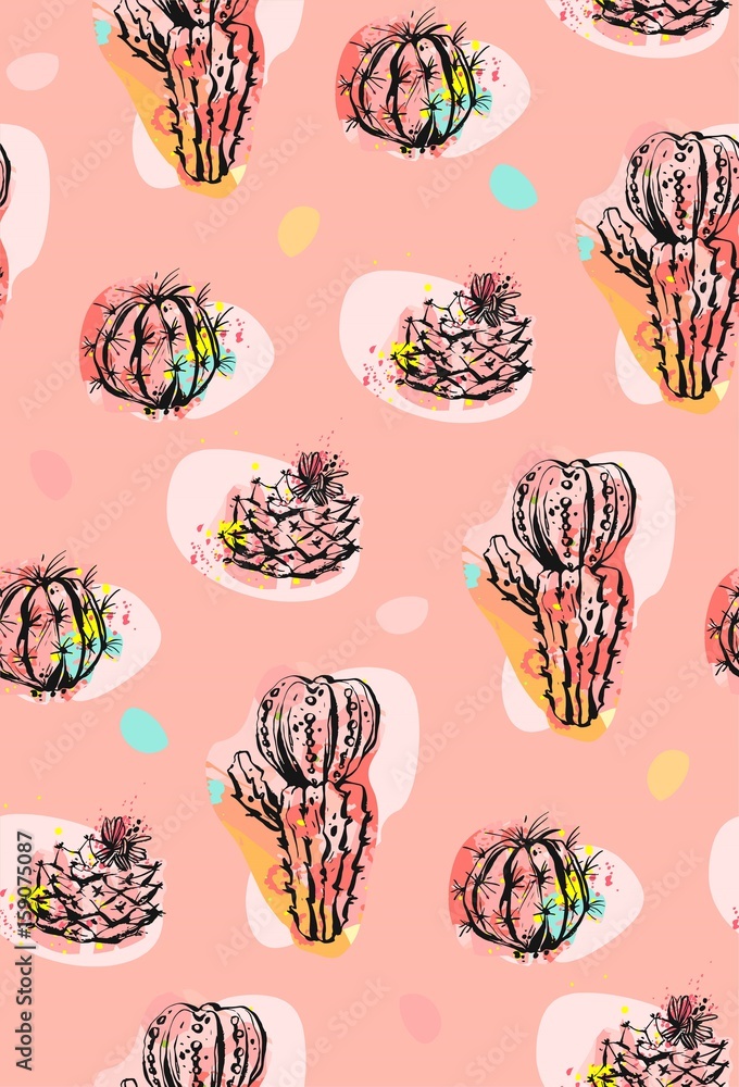 Hand drawn vector abstract seamless pattern collage with cacti plants illustrations and confetti shapes isolated on pastel background.Unusual fashion fabric,wedding,decoration,birthday,design elements