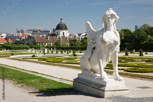 Sphinx sculpture on alley in the garden of Upper Belvedere Palace in Vienna