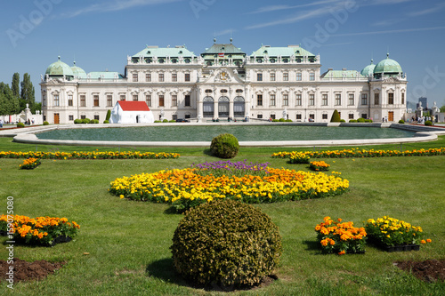 Panoramic view of the upper palace Belvedere, lake and flower beds. Vienna photo