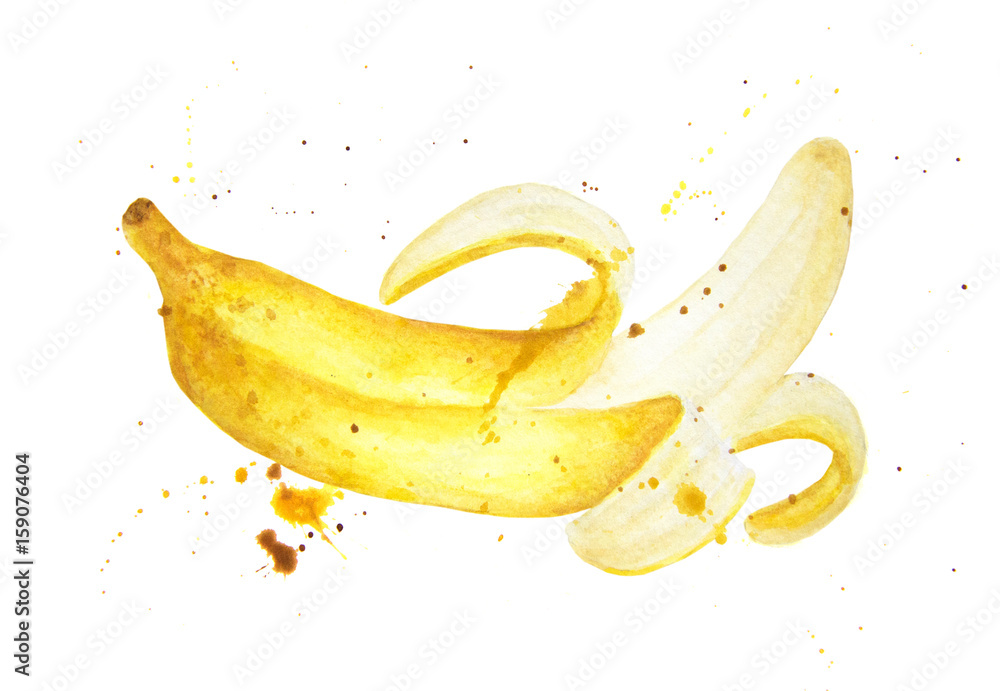 Banana with splashes isolated on white background. Watercolor food illustration, art painting