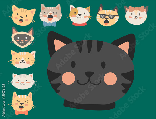 Cats heads vector illustration cute animal funny decorative characters feline...