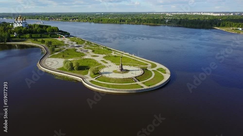 Famous Strelka park in place of confluence of Kotorosl and Volga rivers in Yaroslavl, Russia (moving around)
