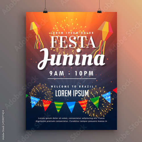 festa junina party invitation flyer design with fireworks photo