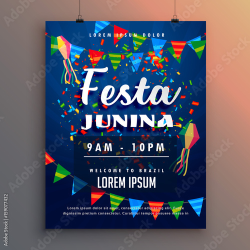 festa junina party flyer poster with confetti and garlands decoration