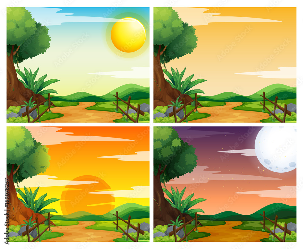Four scenes of sunset in countryside