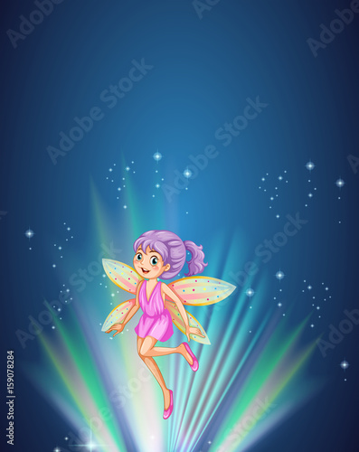 Cute fairy with colorful wings flying at night