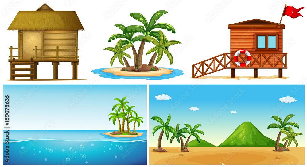 Ocean scenes with island and lifeguard house