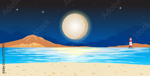 Ocean scene with lighthouse at night