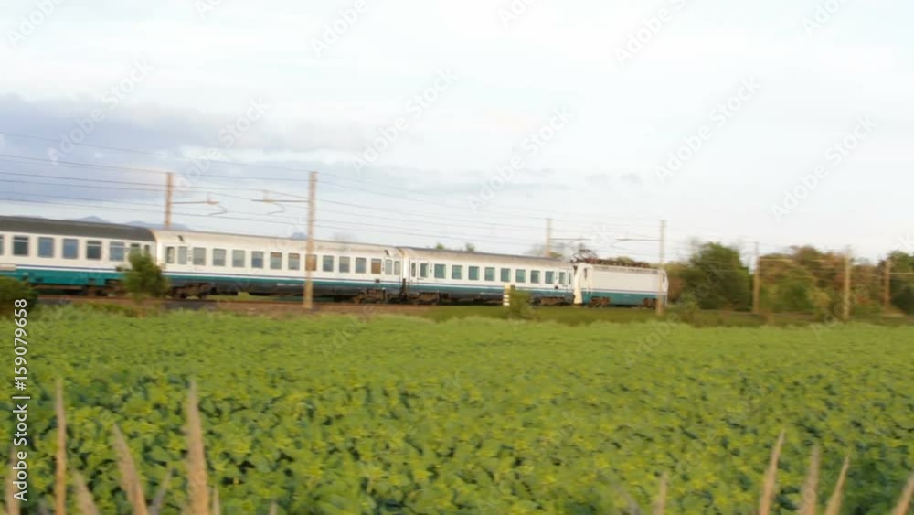 Passenger Train is passing over a green meadow in the countryside Passenger Train is passing over a green meadow in the countryside