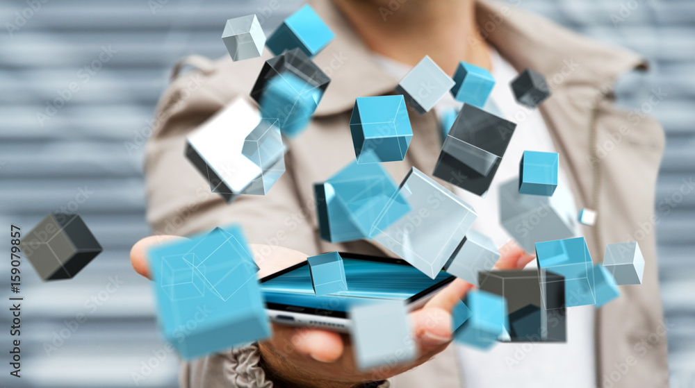 Businessman holding floating blue shiny cube network 3D rendering Businessman holding floating blue shiny cube network 3D rendering