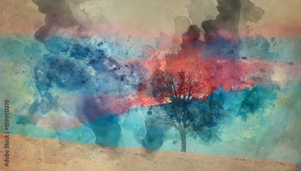 colorfull watercolor abstract art paint with alone tree in the field