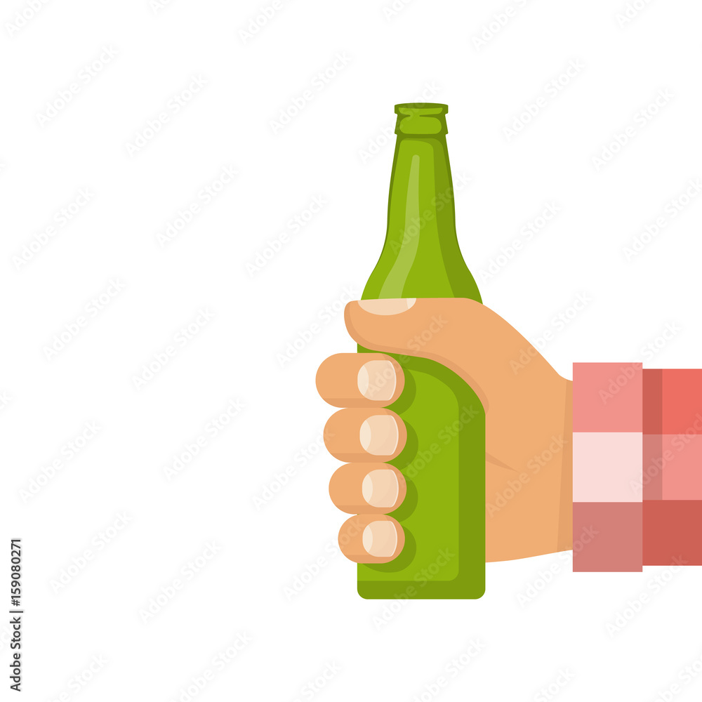 Man holding in hand green beer bottle without label. Vector illustration flat design. Isolated on white background. Man holding in hand green beer bottle without label. Vector illustration flat design. Isolated on white background.