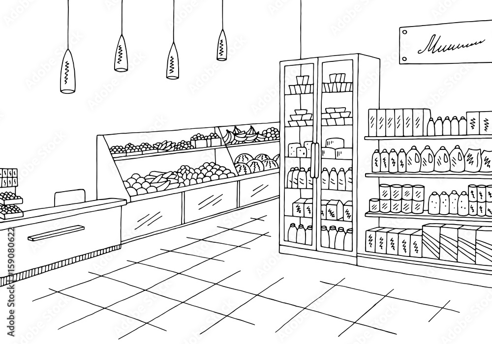 Grocery store shop interior black white graphic sketch illustration
