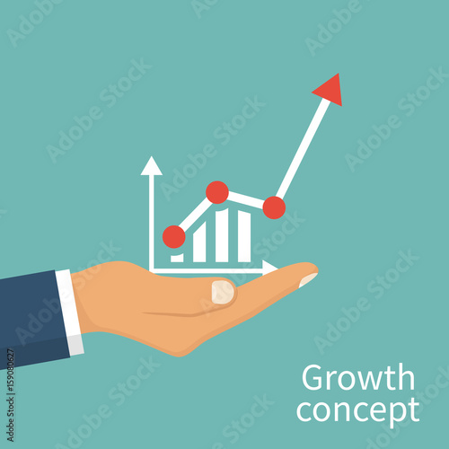 Growth concept. Man hold in hand business chart. Financial diagram, graphics. Vector illustration flat design. Isolated on background. Businessman to top graph. Profit Stock Market. Asset Management.