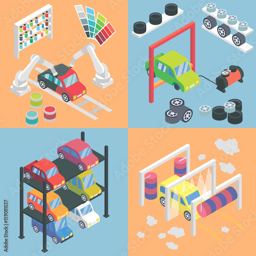 Car service center isometric icons. Vector flat 3d design elements. Auto painting, collision repair, multi level parking, car wash, change tyres, Car mechanic garage