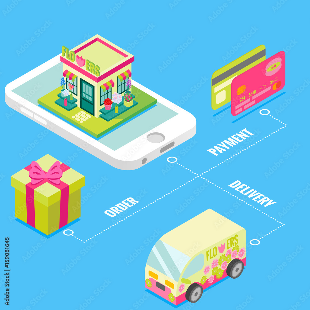 Online flower shop in isometric style design. Buy flowers on internet using mobile smartphone with fast delivery and credit card payments. Isometric 3d isolated icons Online flower shop in isometric style design. Buy flowers on internet using mobile smartphone with fast delivery and credit card payments. Isometric 3d isolated icons