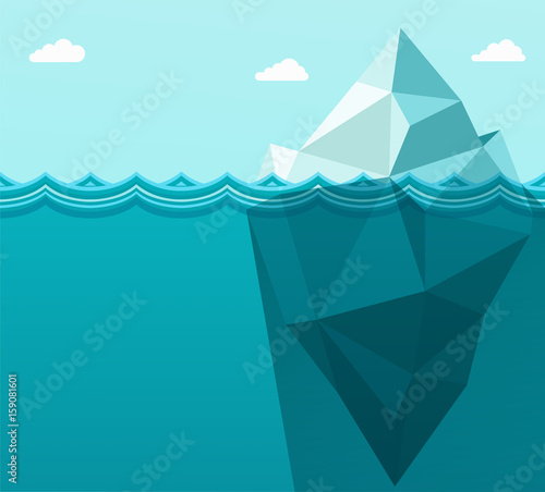Polygonal big iceberg in ocean floating in sea waves. Metaphor b
