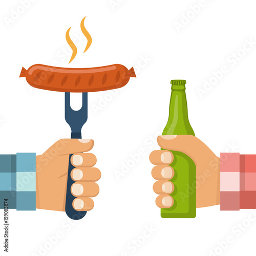 Cooked hot fried sausage on fork and bottle of beer in hand of man. Invitation card on barbecue. BBQ party poster. Isolated on white background. Vector illustration flat design. Grill picnic template.