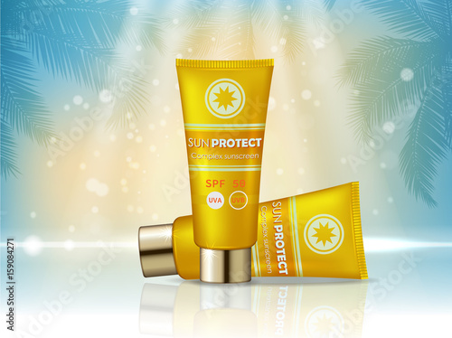 Sunblock cosmetic products ad. Vector 3d illustration. Sunblock cream bottle template, sun protection cosmetic products design. Sunscreen face and body lotion with SPF and UV protection