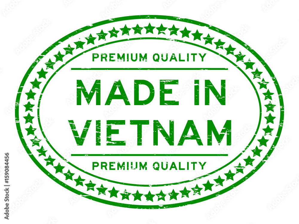 Grunge green premium quality made in Vietnam oval rubber seal stamp on white background