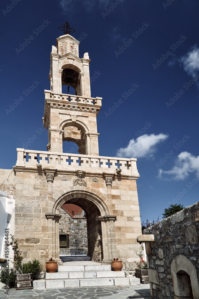 Bell Tower Orthodox Church on the island of Rhodes .