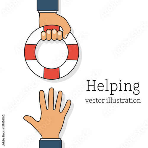 Helping Business concept. Businessman holding a lifebuoy in hand. To give help to the drowning man, metaphor. Vector illustration lines flat design. Isolated on white background.