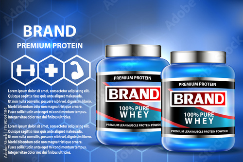 Sport nutrition product containers ad. Weight gainers set. Whey protein bottles. 3D vector product packaging. Jars of bodybuilding food supplements