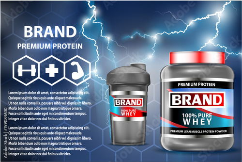 Sport nutrition product containers ad. Weight gainers set. Whey protein bottles. 3D vector product packaging. Jars of bodybuilding food supplements
