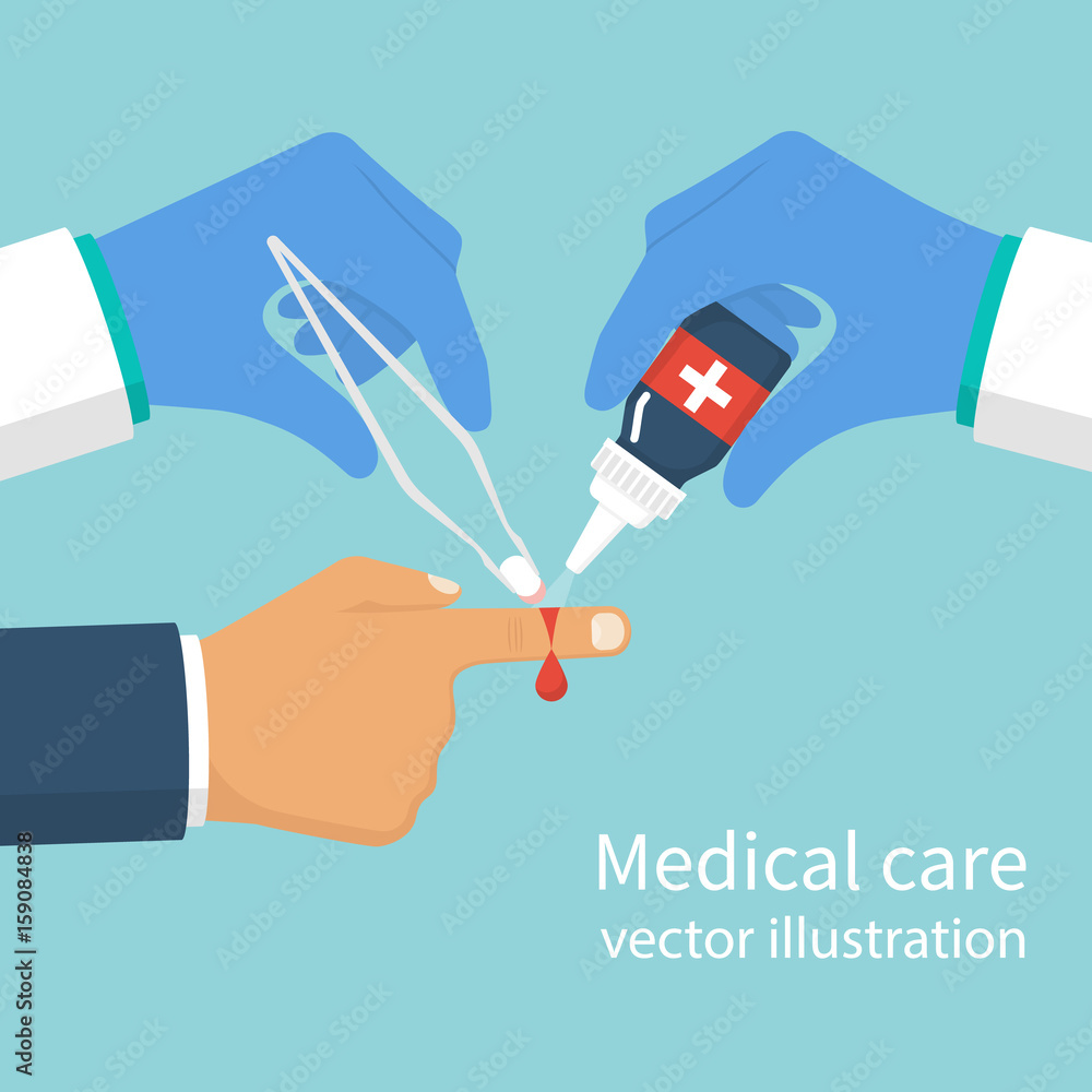 Wound treatment. A doctor with tool in hand treats patient with cut. Medical care, care for wounded. Vector illustration flat design. Isolated on background. Concept healthcare, provision first aid.
