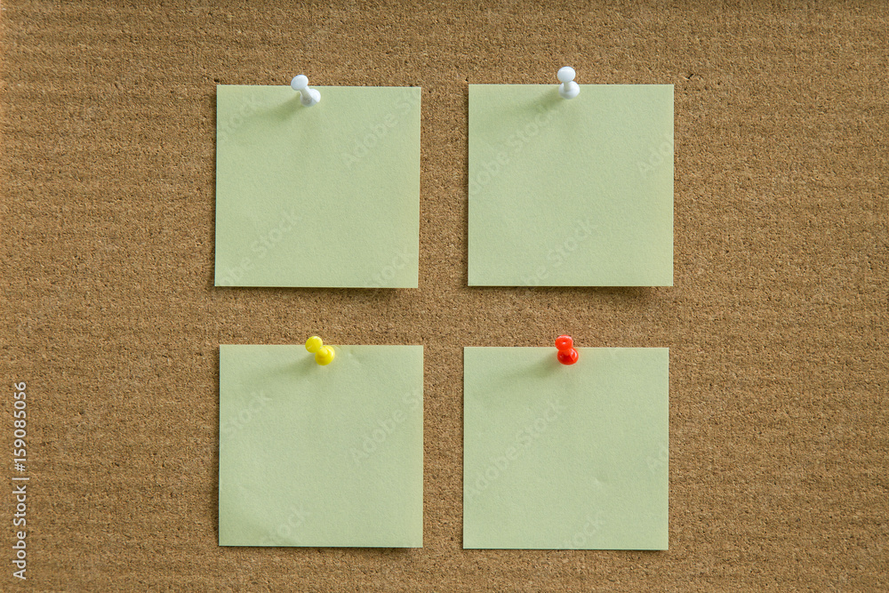 Cork board with blank paper notes for add text message. Cork board with blank paper notes for add text message.